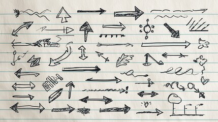 Hand drawn arrows and symbols sketched on lined paper, representing directional concepts, movement, progress, visual communication through graphic elements