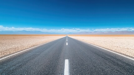 Naklejka premium A long empty road leading through a vast salt flat, surrounded by barren, endless landscape.