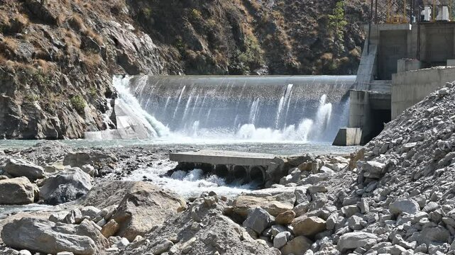 Langtang Khola hydroelectric small dam in Langtang national park, Nepal. The purpose of producing hydroelectric power, dams are created to control river flow and regulate flooding.