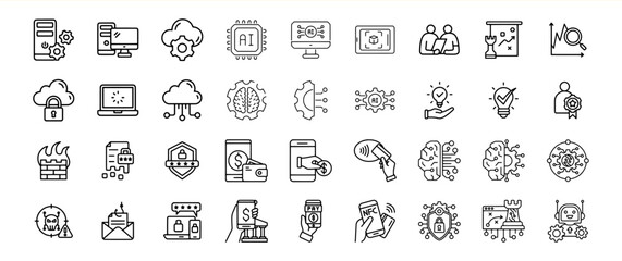 Black and White Line Art Icons Set Technology A I Security Cloud Computing
