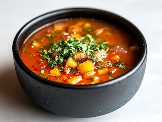A bowl, pot, and pan of vegetable soup with beef, tomato, and vegetables, served hot with a healthy and delicious sauce