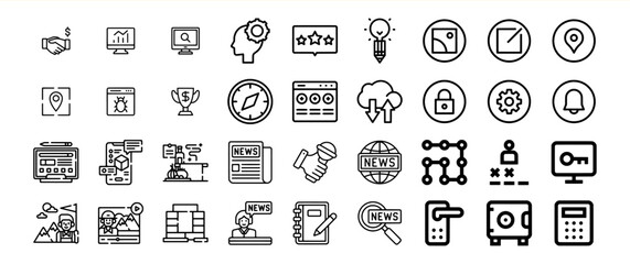 Black and White Line Icons Business News Technology Set
