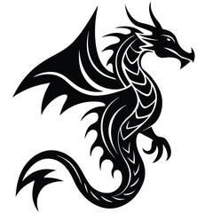 Tribal Dragon Illustration Fierce, Black and White Winged Creature Design