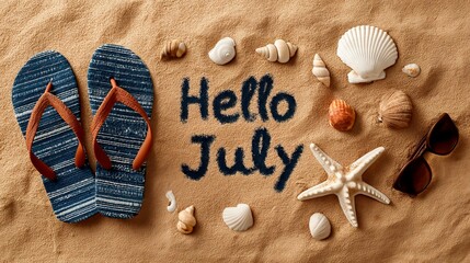 Flops, Sunglasses, and Seashells Arranged on Sand, with “Hello July” written in the center. The image evokes summer joy, travel, and seasonal celebration