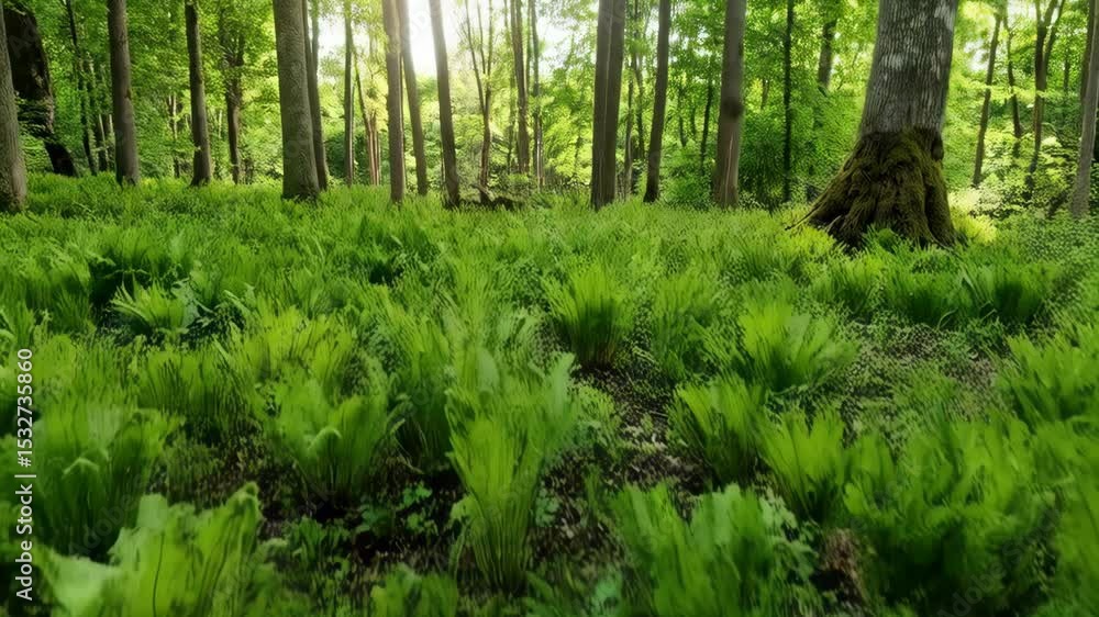 Poster lush fern meadow under tall deciduous trees in a vibrant spring forest with sunny highlights filteri