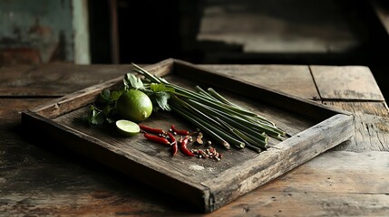 herbs and spices on an old wooden tray sitting on a worn wooden table herbs and spices include lemon grass lime leaves chili galangal and lime