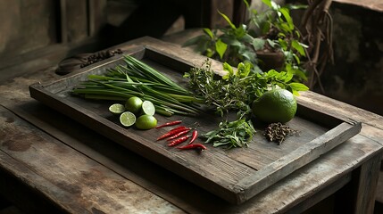 herbs and spices on an old wooden tray sitting on a worn wooden table herbs and spices include lemon grass lime leaves chili galangal and lime