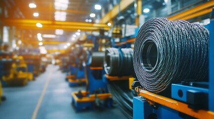 High speed braiding heavy machinery and steel cable processing equipments at the manufacturing of metal shielding braids for electrical cables plant in the factory warehouse