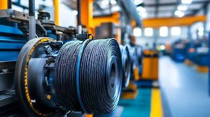 High speed braiding heavy machinery and steel cable processing equipments at the manufacturing of metal shielding braids for electrical cables plant in the factory warehouse
