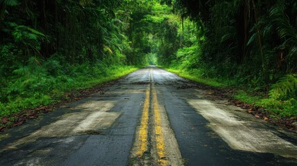 Obraz premium A remote empty road in the middle of a dense jungle, partially overgrown with vines.