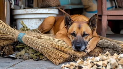Homeless dog lies peacefully on a pile of brooms on the street home goods store