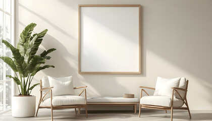 Minimalist waiting area interior with blank poster, chairs and bench. Neutral tones, bright daylight creates calm serene space. Modern design, perfect for office lobby or reception area