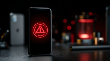 Close-up of smartphone screen displaying red warning alert symbol, tech devices in background, concept of product recall, safety warning and technology risk management.