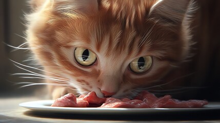 hungry ginger cat eating meat cat food
