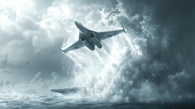 Su-33 Fighter Jet Launching from Aircraft Carrier in Dramatic Stormy Weather