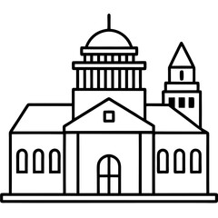 Classic Building Line Art Vector Illustration Architectural Design, Blueprint, Government Building, Courthouse, Capitol