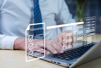 Assessment filtering for services to gather feedback. Businessmen check digital score lists on laptops. Online survey and assessment templates. HR assessments generate customer satisfaction.