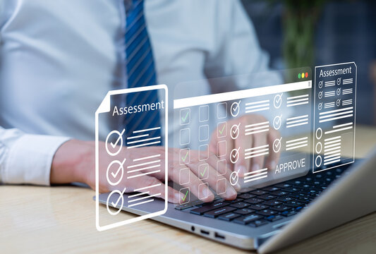 Assessment filtering for services to gather feedback. Businessmen check digital score lists on laptops. Online survey and assessment templates. HR assessments generate customer satisfaction.
