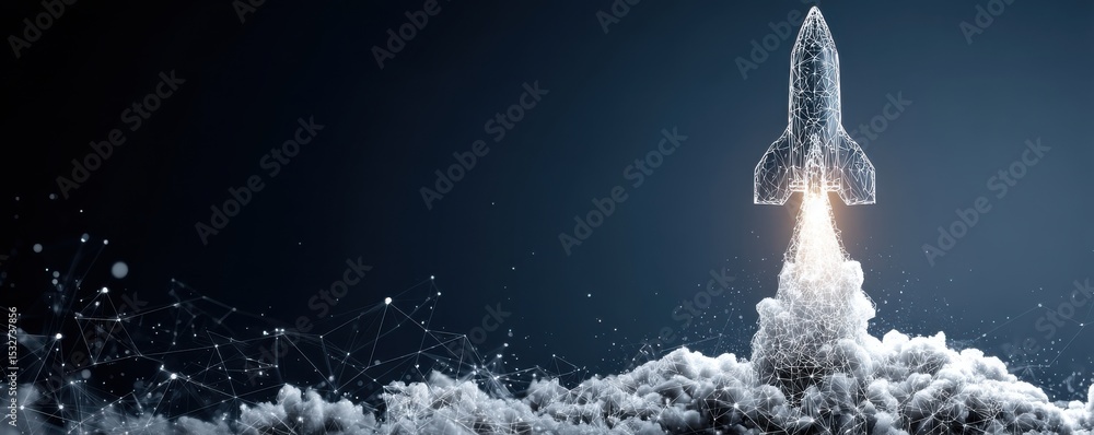 Poster digital rocket launch with futuristic low-poly design representing technology and innovation