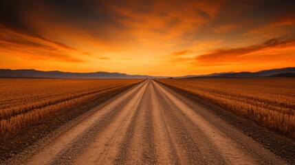 Naklejka premium A rural empty dirt road at sunset, golden fields stretching out to the horizon under an orange sky.