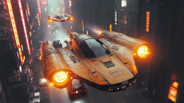 Explore a dazzling metropolis as sleek, illuminated hovercrafts navigate through narrow streets lined with vibrant neon signs, creating a captivating view of future urban life.