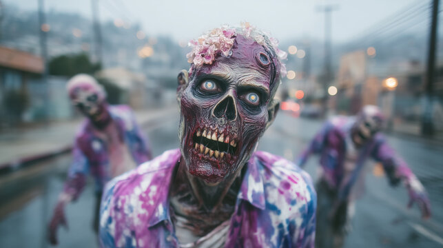 Lead zombie with intense facial features and eerie expression lurches toward camera while others follow in background. Quiet neighborhood setting showcases evening ambiance