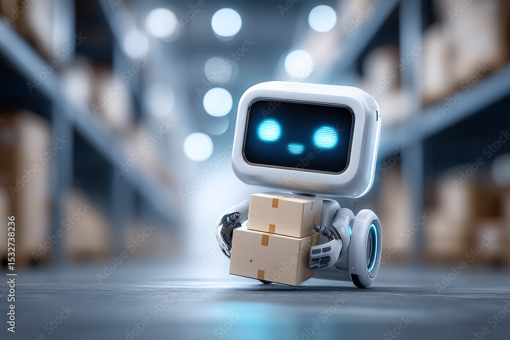 Poster robot moves stacked boxes along shelves in busy warehouse. clear focus on automation technology and 
