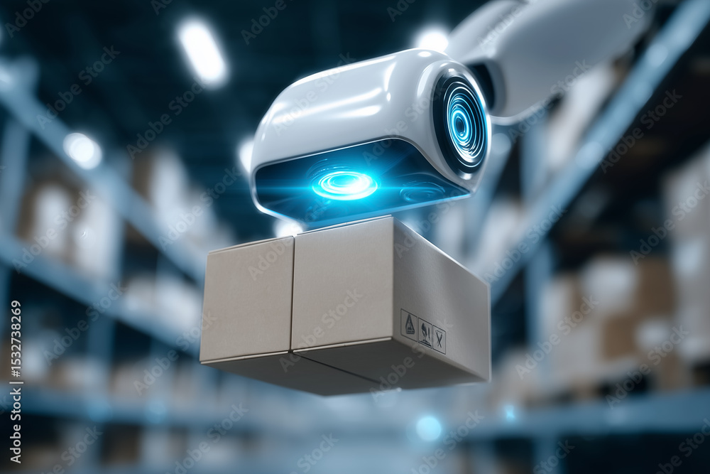 Poster robot moves stacked boxes between shelves in modern warehouse. industrial setting with efficient aut