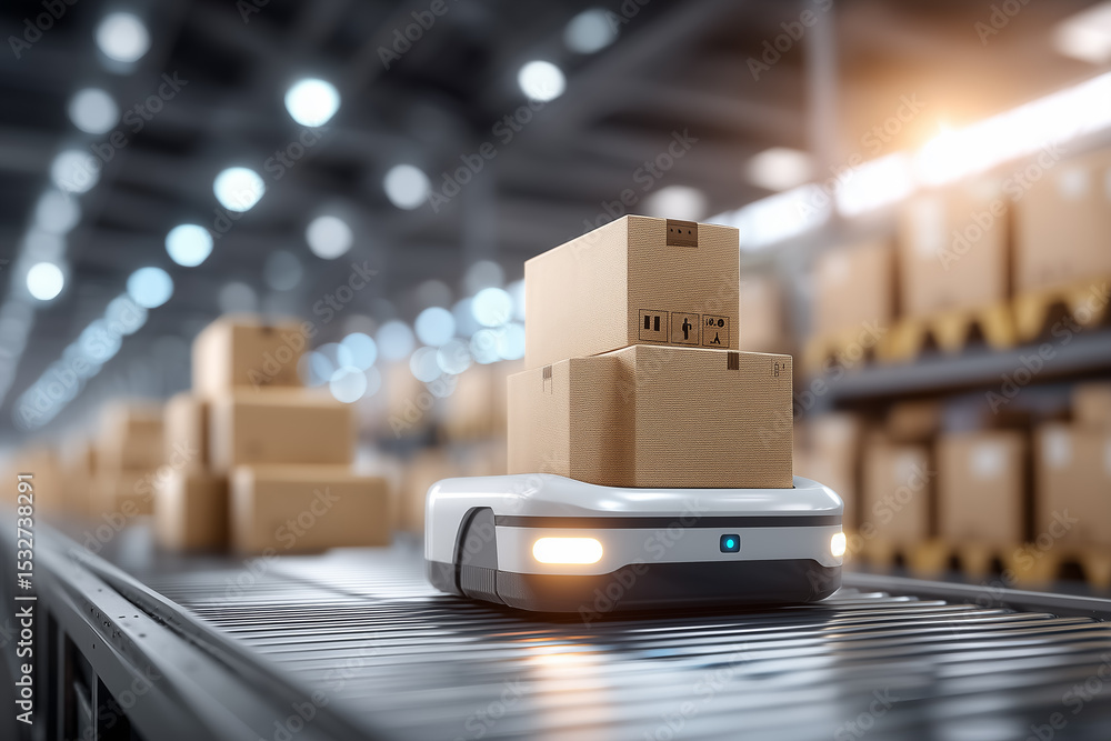 Aufkleber robot moves stacked boxes along conveyor in modern warehouse setting with ambient light. clean and o