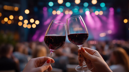 Friends clink wine glasses while enjoying concert view from VIP lounge. Colorful stage lights give vibrant atmosphere. Concept of entertainment, nightlife, music events