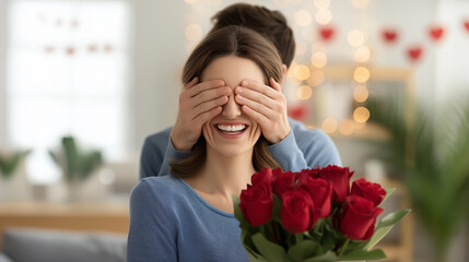 Woman smiles in surprise as partner presents bouquet of red roses while covering her eyes. Bright living room with Valentine decor creates romantic atmosphere