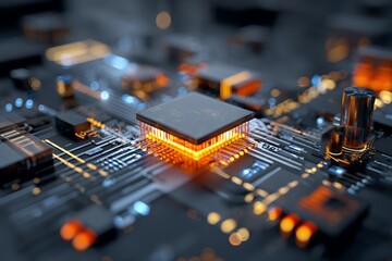 Abstract futuristic circuit board with glowing orange and black