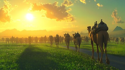 In the early morning on the sunny grassland a large group of camels walked majestically on the road