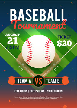 Baseball tournament poster vector illustration. A ball in a baseball field