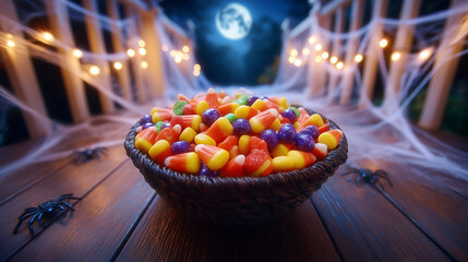 Children in vibrant costumes reach into a large bowl filled with colorful candy. Outdoor setting features cobwebs and dim porch lights creating a festive Halloween atmosphere