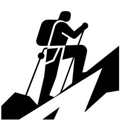 Black and white vector illustration of a hiker ascending a mountain