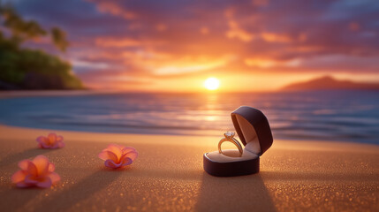 Man proposes to girlfriend by ocean at sunset, her happy surprised expression visible. Beautiful setting with golden sky and calm sea. Concept of engagement, wedding planning, romantic events