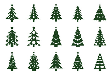 Collection of Green Christmas Tree Silhouettes with Ornaments on White Background