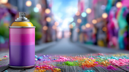 Street artist spray painting lively mural with colorful design. Urban alley setting with paint splatters and blurred background. Concept of street art, creativity, urban culture