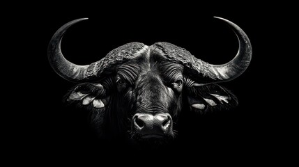 Naklejka premium Stunning Monochrome Portrait of a Majestic African Buffalo Bull Showcasing Impressive Horns and Sturdy Presence