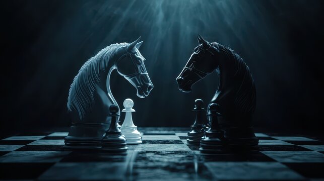 Monochrome Knight Duel on a Chessboard: Strategy and Leadership in a Dark Atmosphere