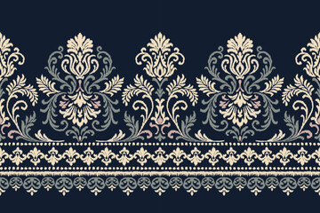 Floral ikat embroidery with ethnic Aztec style in seamless traditional textile illustration, perfect fabric pattern design for texture, clothing, and decoration.