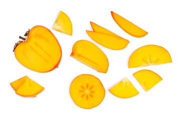 Persimmon fruit slices isolated on a white background, contour
