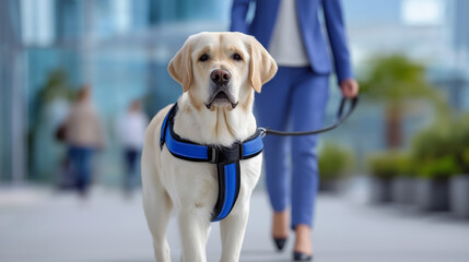 Woman navigates urban sidewalk with guide dog while holding harness handle. Blurred background of buildings and people creates a calm atmosphere. Concept of assistance, disability services, therapy