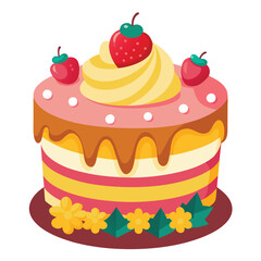 Colorful Layered Cake with Strawberries Cream and Flowers Illustration