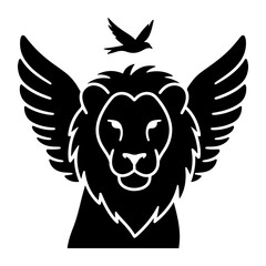 Black and white lion with wings and bird vector illustration
