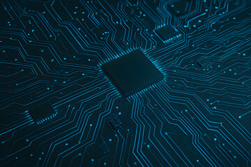 Detailed view of a central processing unit (CPU) mounted on a dark circuit board with glowing blue data paths..
