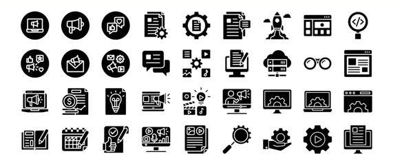 Black Glyph Icons Set Digital Marketing Content Creation Strategy