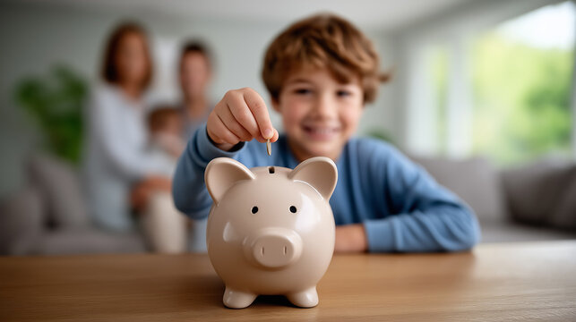 Child puts coin into piggy bank with smile, creating joyful moment in bright living room. Background family adds warmth to scene. Concept of savings, family bonding, education