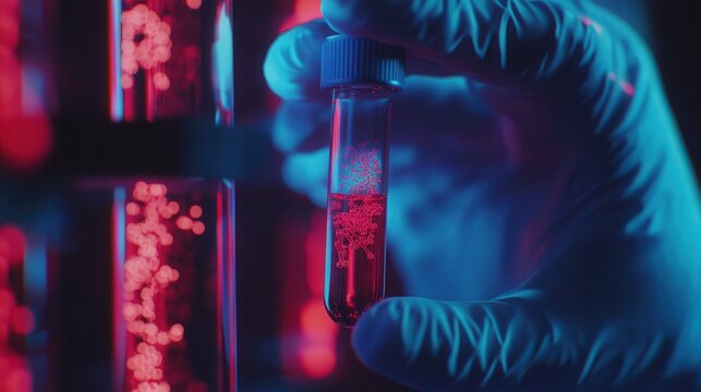 scientist holding medical testing tubes or vials of medical pharmaceutical research with blood cells and virus cure using DNA genome sequencing biotechnology as wide banner hologram